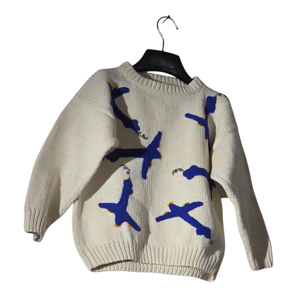 Vintage 80s 90s Zackali 4 Kids Chunky Intarsia Airplane Sweater Cream Rare-sz M